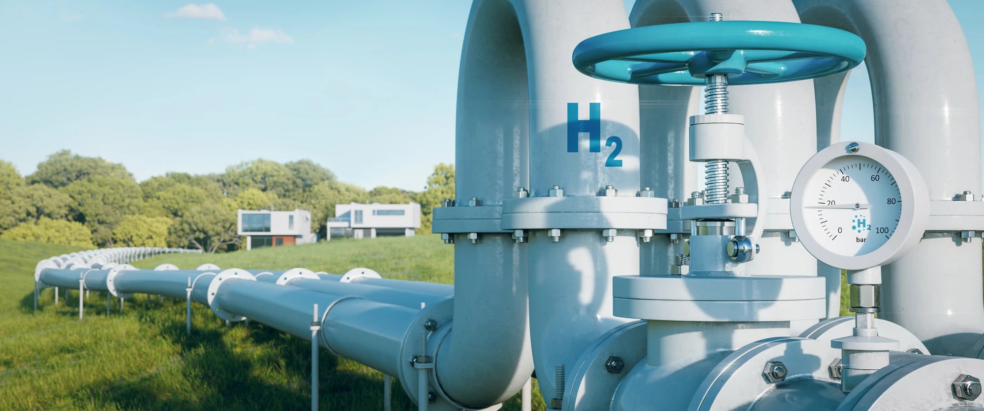 A hydrogen pipeline to houses illustrating the transformation of the energy sector towards clean, carbon-neutral, safe and independent energy sources to replace natural gas in homes.